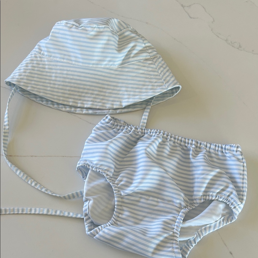 Minnow swim Striped Blue and White Sun Hat and Diaper Cover Set
